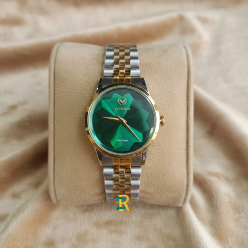 ساعت ویتوریا زنانه دورنگ طلایی صفحه سبز VT3415